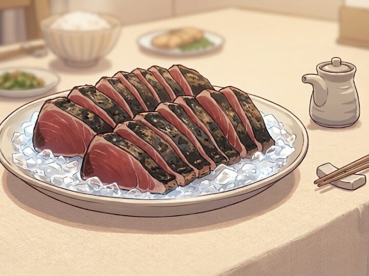 カツオのたたきがメインの夕方の食卓を斜め上から捉えた情景