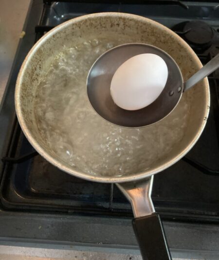 卵を沸騰させたお湯に入れます。
