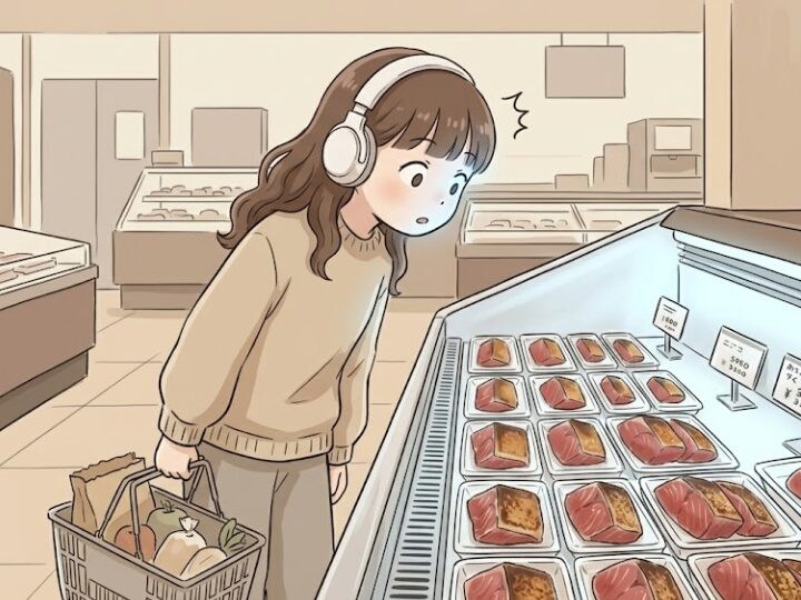 スーパーの鮮魚コーナーでカツオのたたきを見て「え、こんなにした?」という驚きと戸惑いの表情。