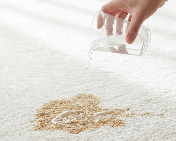 水で薄めた食器用洗剤をカーペットの汚れにかける画像