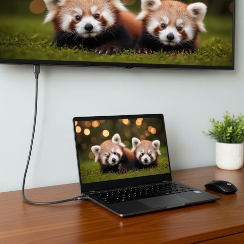 ノートＰＣをケーブルでテレビに繋げている画像
