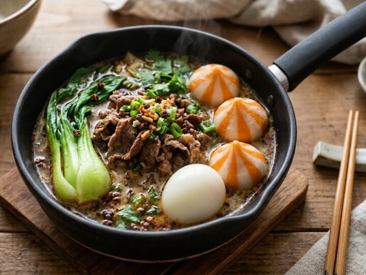 麻辣湯を鍋でアレンジし、蟹団子やゆで卵、チンゲン菜や牛肉を乗せた