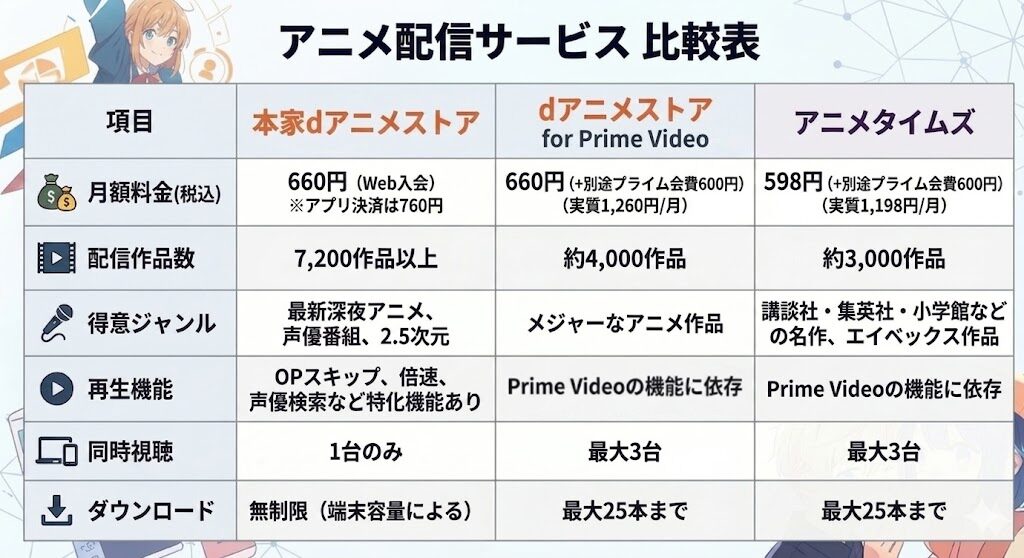 「本家dアニメストア」「dアニメストア for Prime Video」「アニメタイムズ」の3つのアニメ配信サービスを、月額料金・配信作品数・機能などの項目で比較した表。