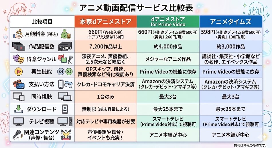 「本家dアニメストア」「dアニメストア for Prime Video」「アニメタイムズ」の3つのアニメ配信サービスを、月額料金・配信作品数・機能などの項目で比較した表。