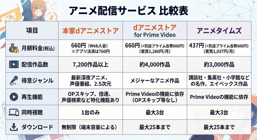 「本家dアニメストア」「dアニメストア for Prime Video」「アニメタイムズ」の3つのアニメ配信サービスを、月額料金・配信作品数・機能などの項目で比較した表。