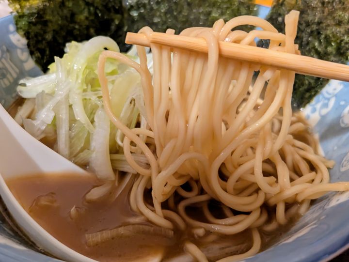 煮干し豚骨ラーメンのやや細めの麺を箸で持ち上げている様子