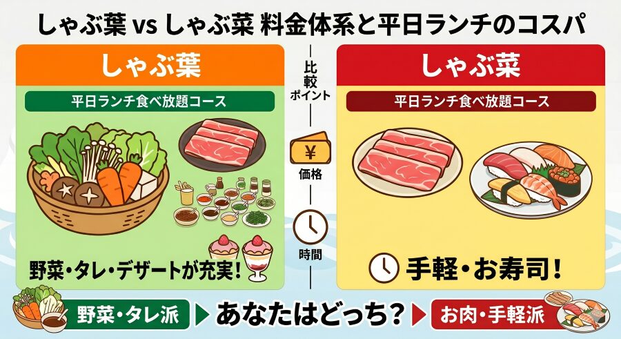 しゃぶ葉としゃぶ菜の料金体系と平日ランチのコスパを比較した図解。しゃぶ葉は「野菜・タレ・デザートが充実!」として野菜・タレ派向けに、しゃぶ菜は「手軽・お寿司!」としてお肉・手軽派向けに対比して描かれている。