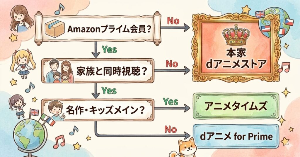 本家dアニメストア・アニメタイムズ・dアニメ for Prime のおすすめフローチャート