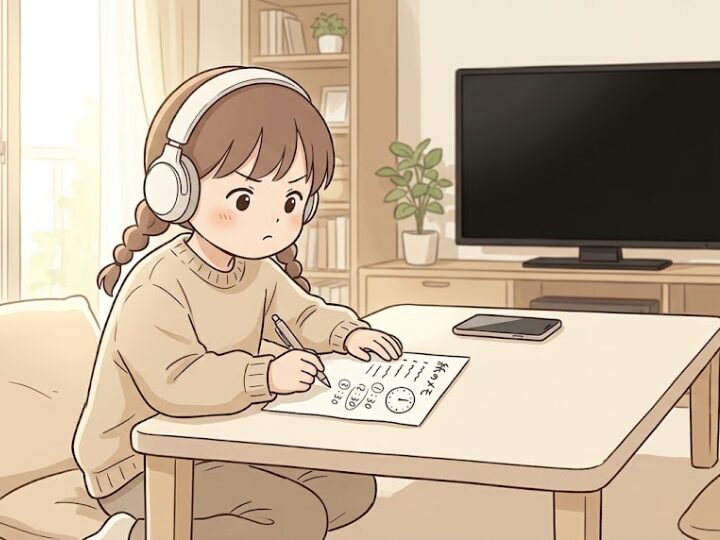 昼下がりのリビングのローテーブル前で、女の子ペンを持った手を紙のメモの上に置き、顔と体をメモの方へ向けて計算している様子