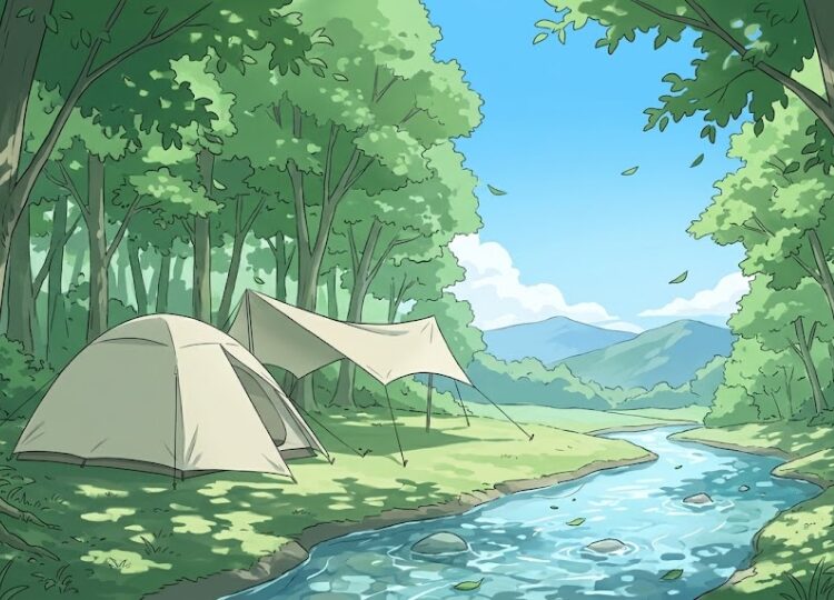 夏の高原にある林間キャンプサイトを見せた雰囲気カット。木々に囲まれた木陰に無地のシンプルなドーム型テントとタープが張られ、すぐそばを澄んだ小川が流れている。