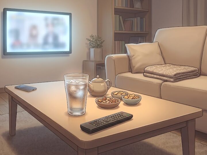 夜のリビングのローテーブルを、ソファ側からやや俯瞰で捉えた情景。