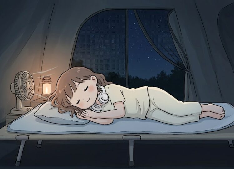 夏の夜のテント内で、地面から脚で浮かせた簡易ベッド（コット）の上に敷いた接触冷感の敷きパッドに横たわり、涼しげに気持ちよさそうに眠っている