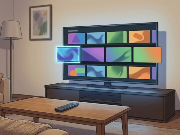 夕方の薄暗いリビングで、壁際の大型の薄型テレビの画面を正面やや斜めから捉えた情景。