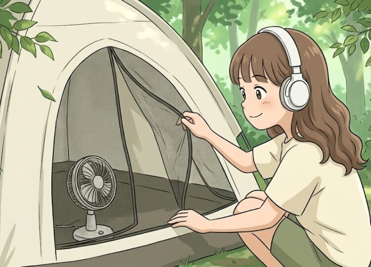 木陰のキャンプサイトで、無地のシンプルなドーム型テントのメッシュパネルを開けている様子。テント内には小型のアウトドア扇風機風の送風機が置かれ、開いたメッシュから風が抜けて内部の空気が流れている
