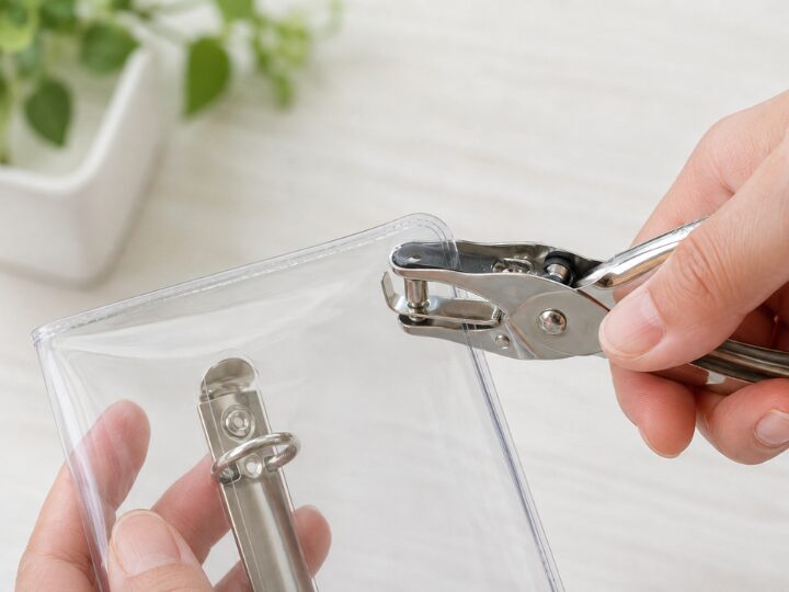 1穴パンチで透明シール帳バインダーの角に穴を開けている手元