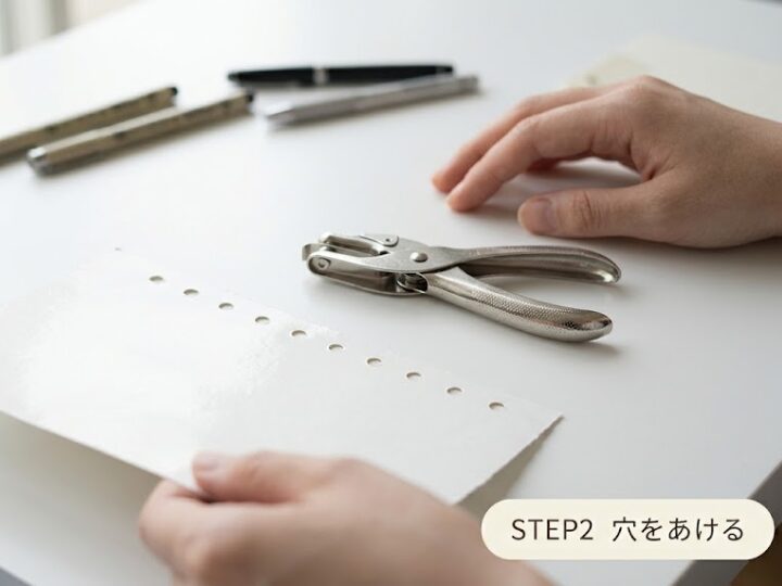シール帳の作り方STEP2、穴あけパンチで台紙にリング穴をあける様子