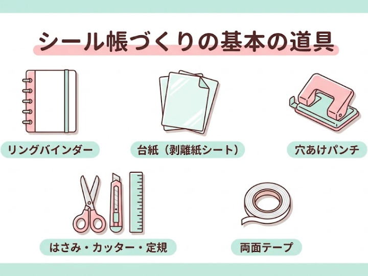 シール帳の作り方に必要な基本の道具5点(バインダー・台紙・穴あけパンチ・はさみ・両面テープ)の図解