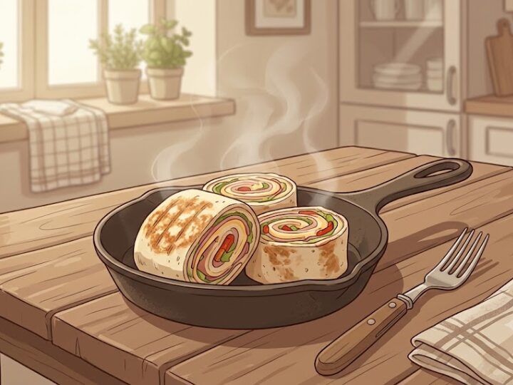 小さなスキレットの上に、片面をこんがり焼いて表面に軽い焼き色がついたロールサンドが3個並んでいる。