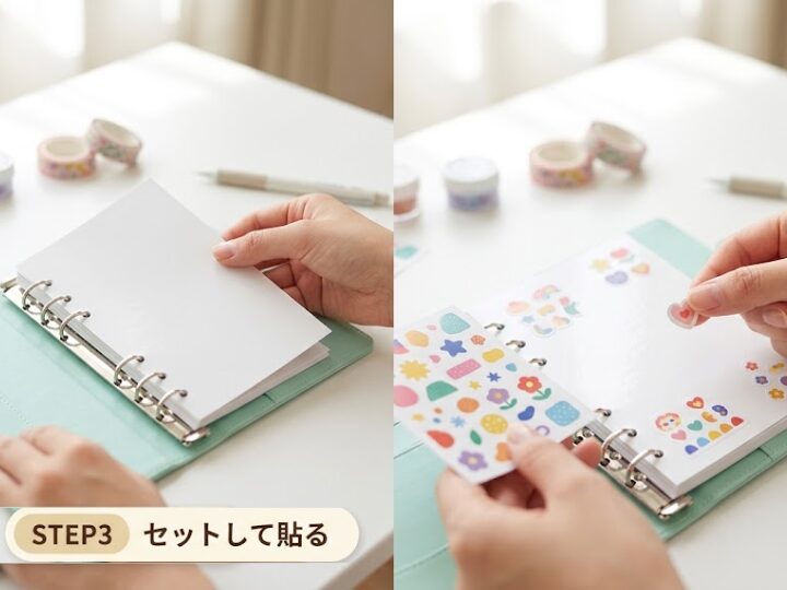 シール帳の作り方STEP3、穴をあけた台紙をバインダーにセットしてシールを貼る様子