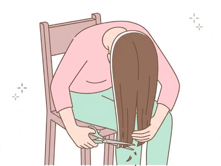 前屈みで真下に垂らした髪を左右に分け、段の出っ張りを斜めに切り揃えるイラスト