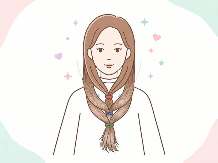 顔まわりの髪を3段に分け、鼻のラインで縦一列にゴムで結んだ様子のイラスト