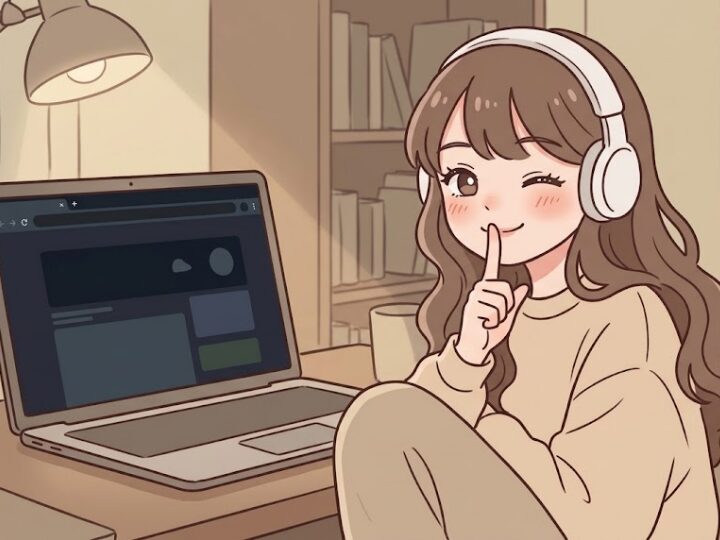 デスクのノートPCの前に座った女の子が、片手の人差し指をそっと口元に当てる「内緒」のジェスチャーをしながら、いたずらっぽく片目を細めて画面の方を見ている。