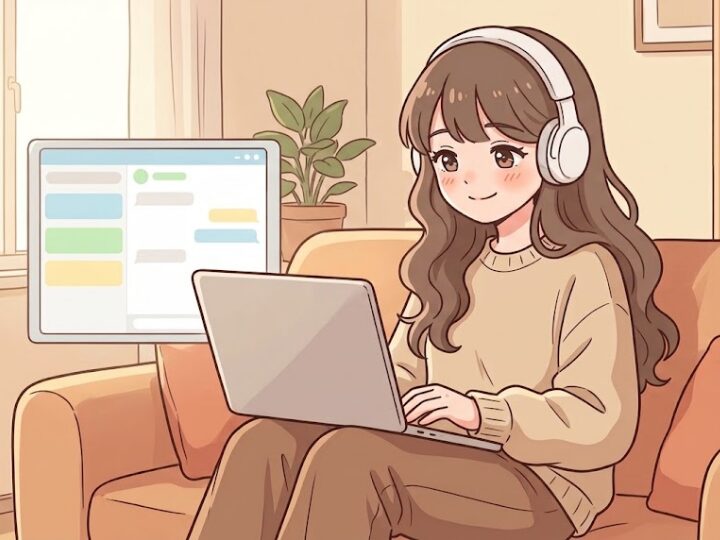 自室のソファでノートPCを膝に置いた女の子が、肩の力が抜けたリラックス姿勢で画面を見ながら、ほっと安心したやわらかい微笑みを浮かべている。
