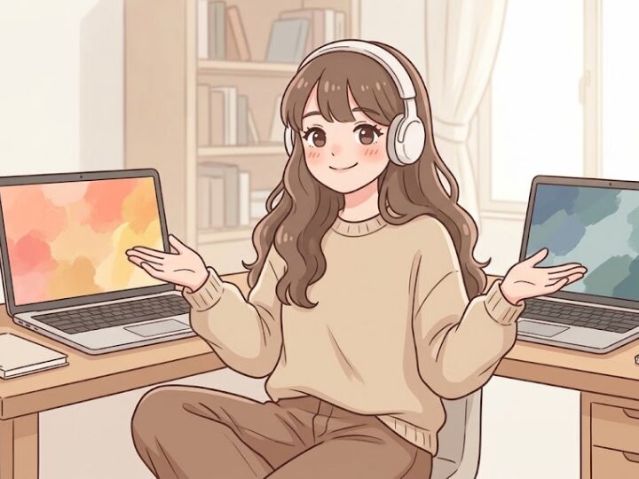 左手側にプライベート用のノートPC、右手側に仕事用のノートPCという2台を軽く指し分けるように両手を広げ、「こう分ければいいの」と言いたげな納得のいった満足げな笑顔を見せている。